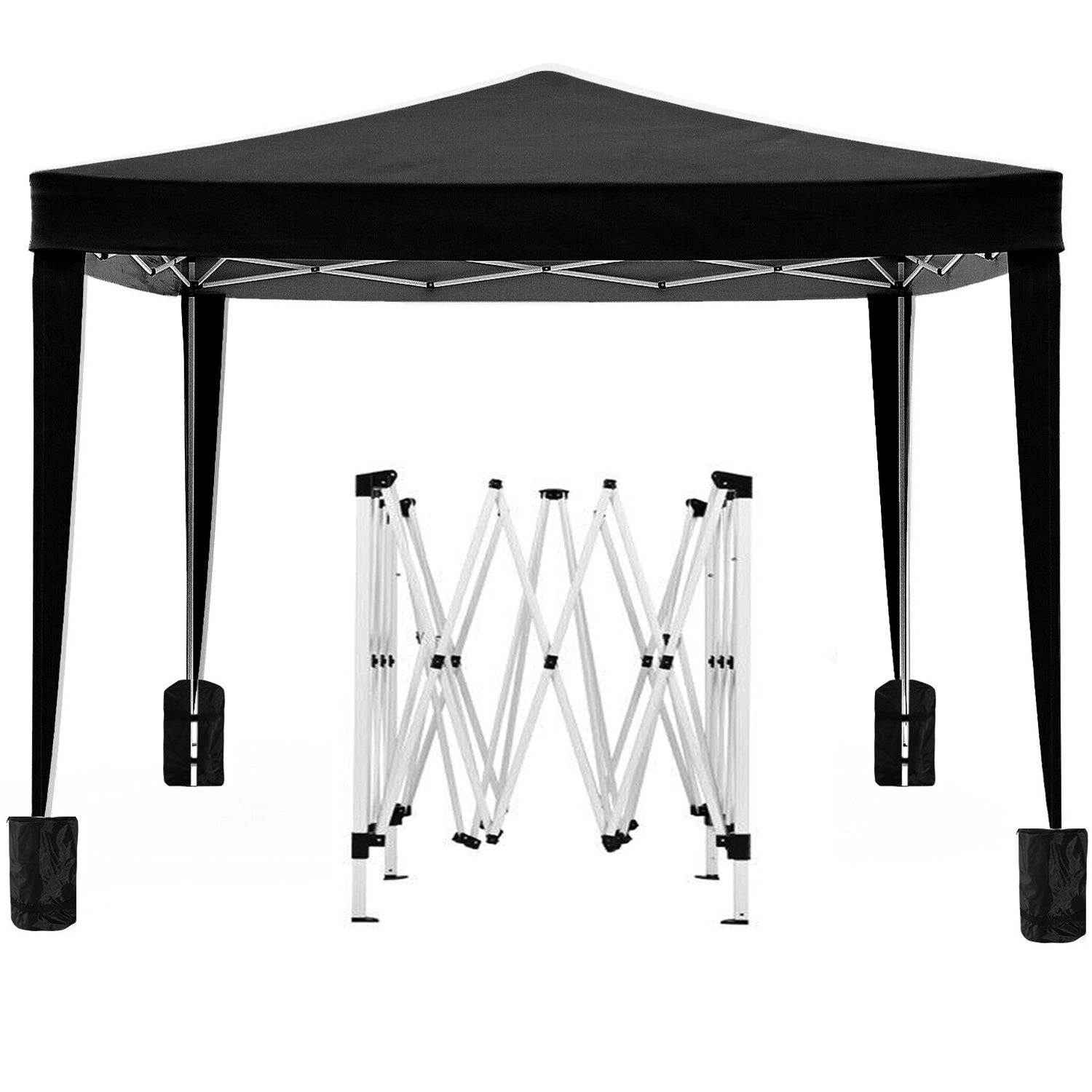 Black popup canopy tent with folded steel frame and weighted leg covers ideal for outdoor events