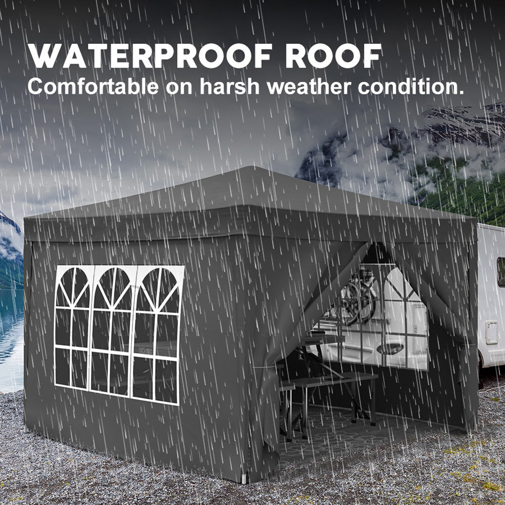 Dark grey waterproof gazebo with arched windows protecting outdoor gatherings