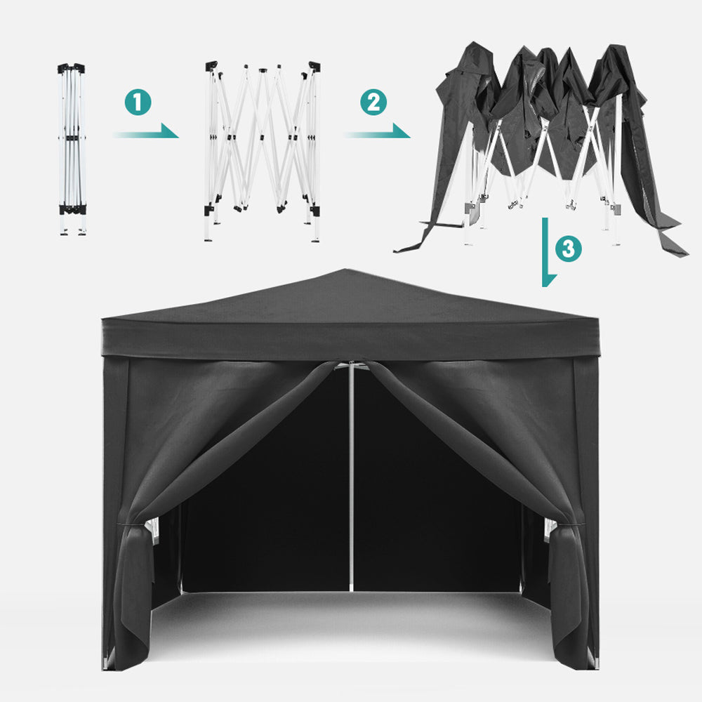 Black popup canopy tent with folded frame stages ideal for events