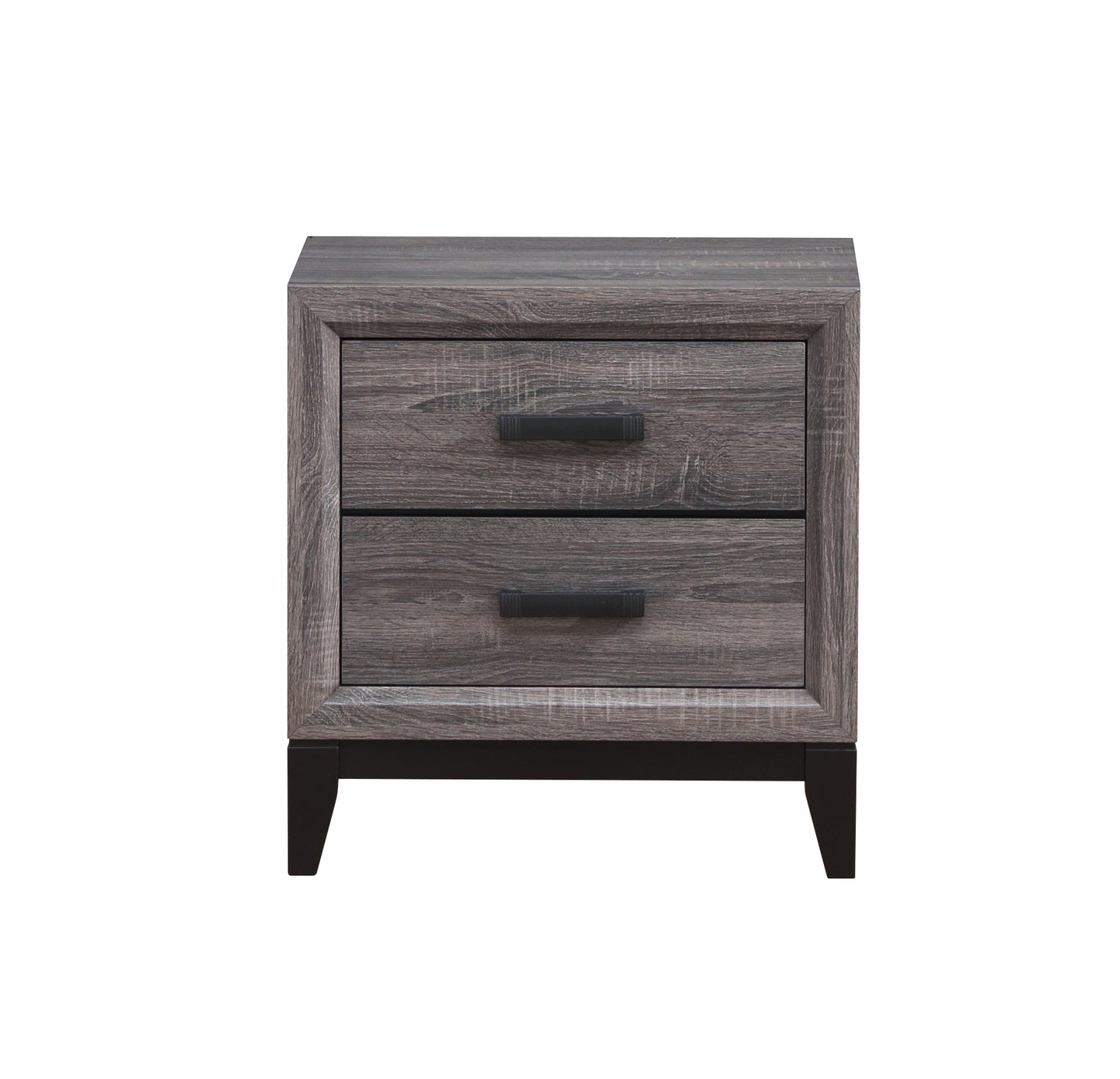 Rustic gray wood nightstand with two drawers and black handles