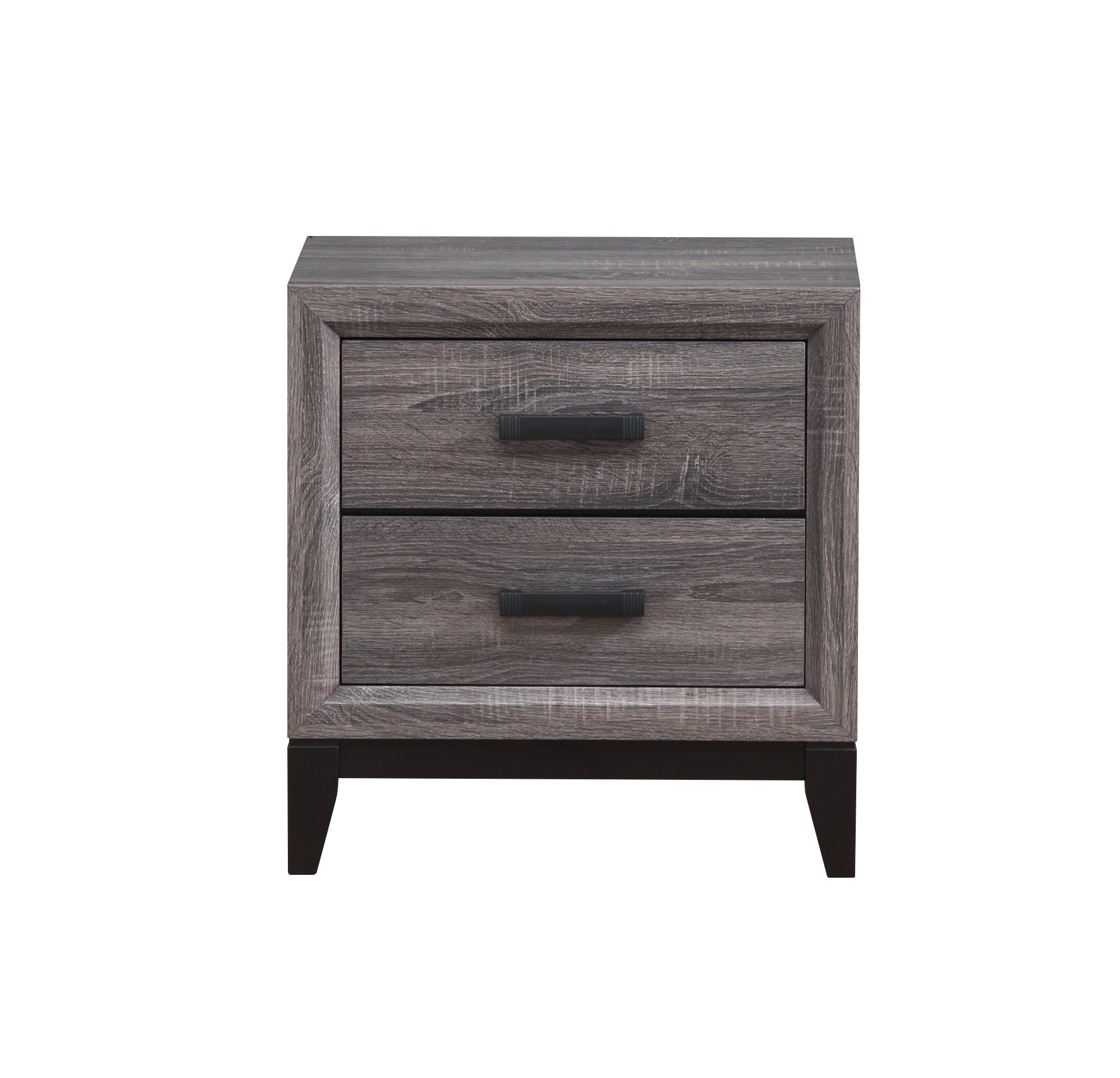 Rustic gray wood nightstand with two drawers and black handles