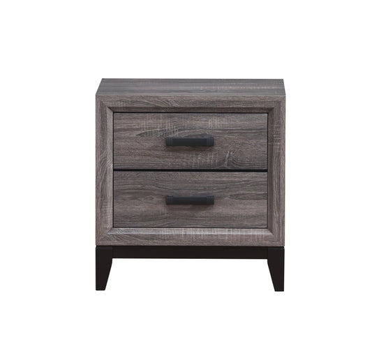 Rustic gray wood nightstand with two drawers and black handles