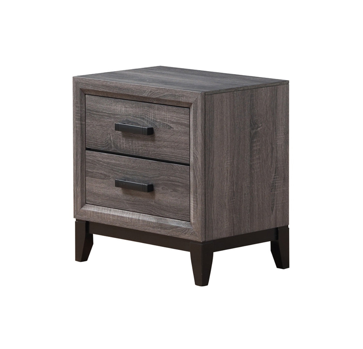 Rustic gray wood nightstand with two drawers and black handles