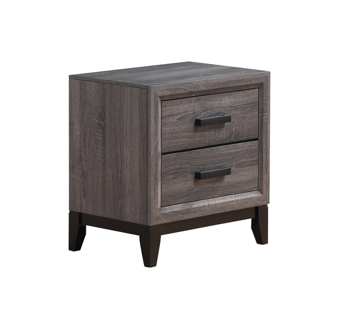 Rustic grey wash wood nightstand with two drawers and black handles