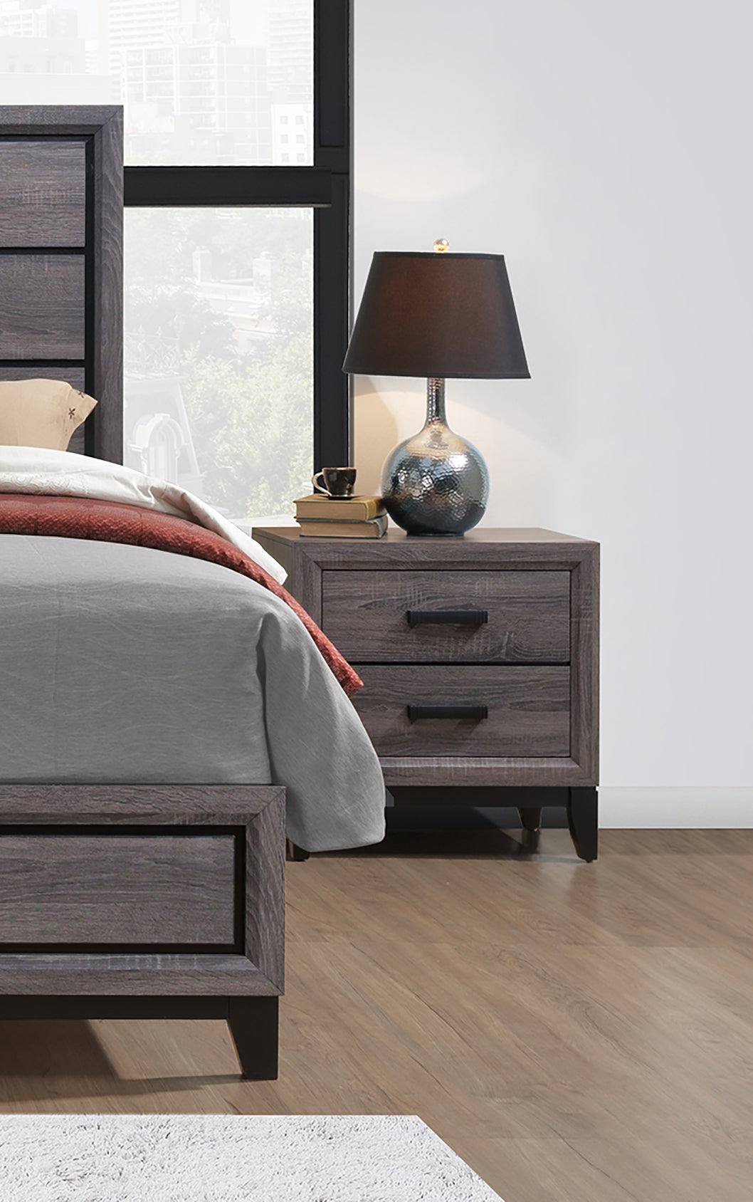 Dark grey wood bedside table with two drawers and black pulls