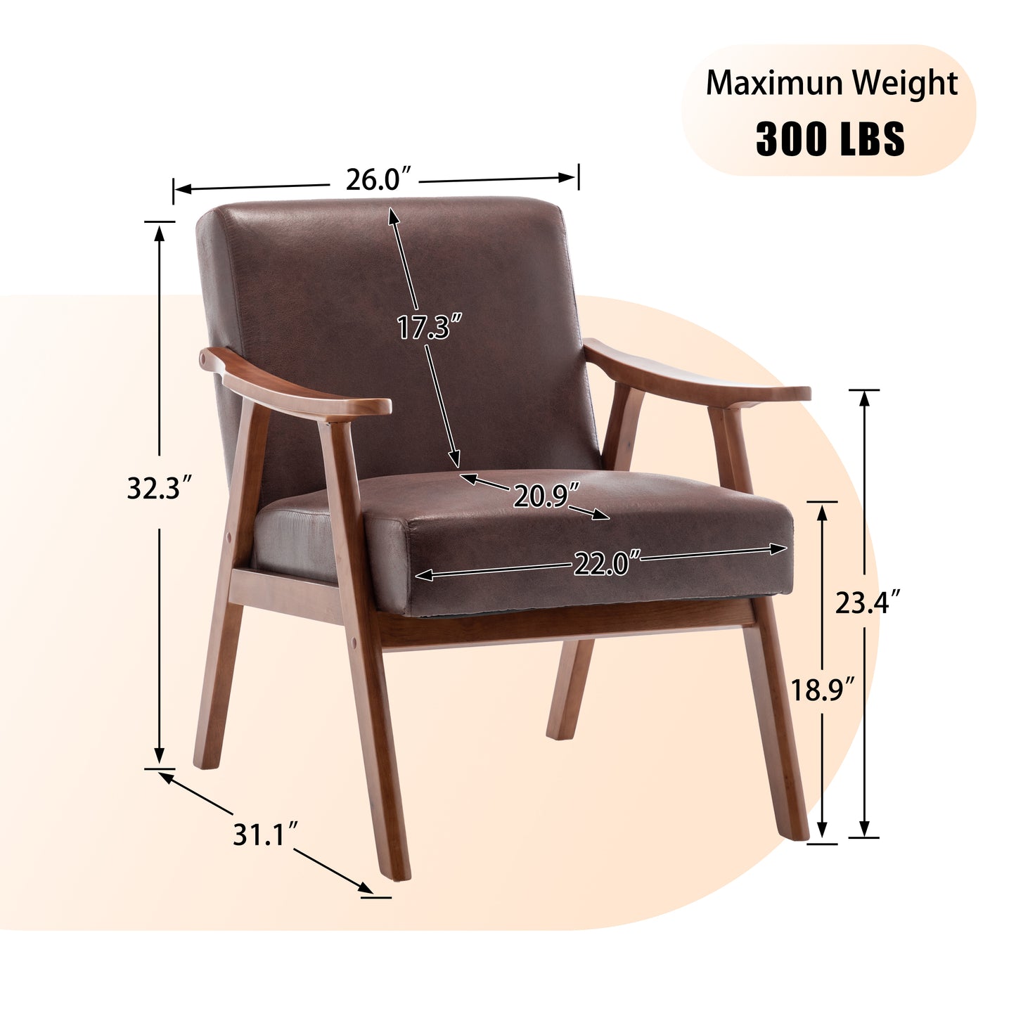 Brown faux leather accent chair with wooden frame and arms ideal for living rooms
