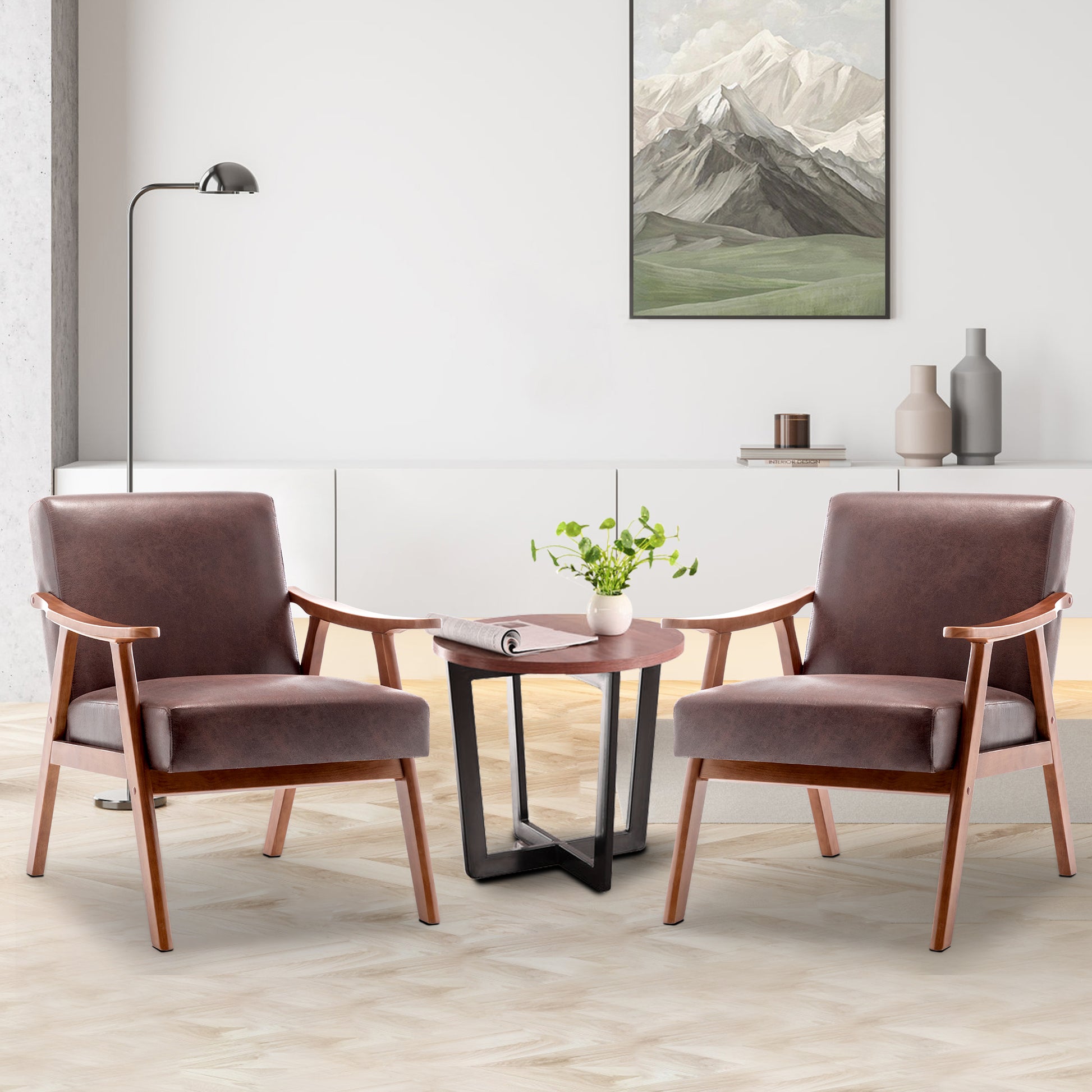 Brown faux leather accent chair with midcentury modern wood frame