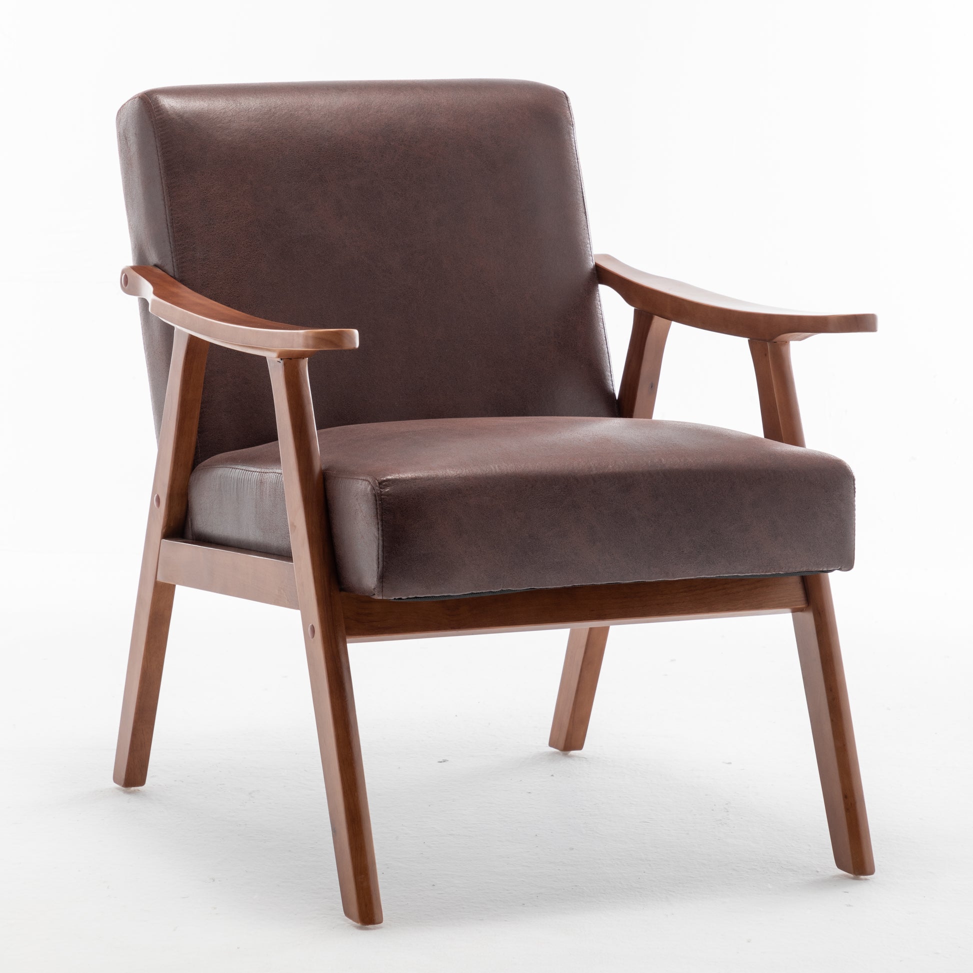 Brown leather accent chair with wooden frame and curved armrests for a living room