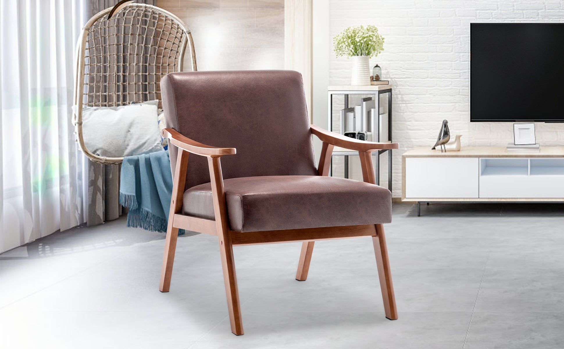Brown faux leather accent chair with natural wood frame and armrests ideal for living rooms