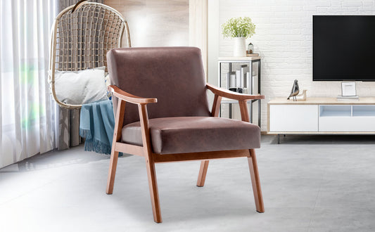 Brown faux leather accent chair with natural wood frame and armrests ideal for living rooms