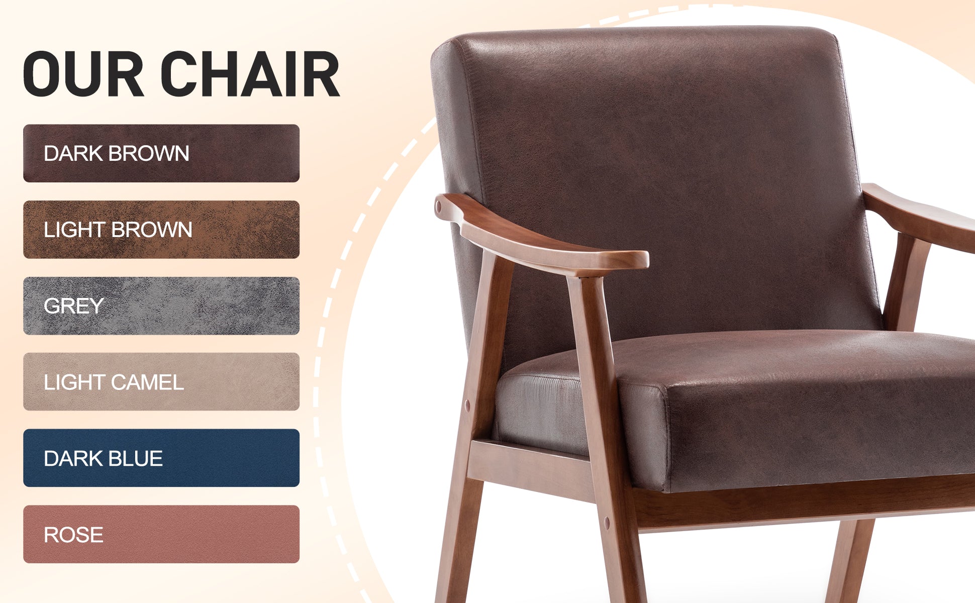 Dark brown faux leather armchair with wooden frame and curved arms