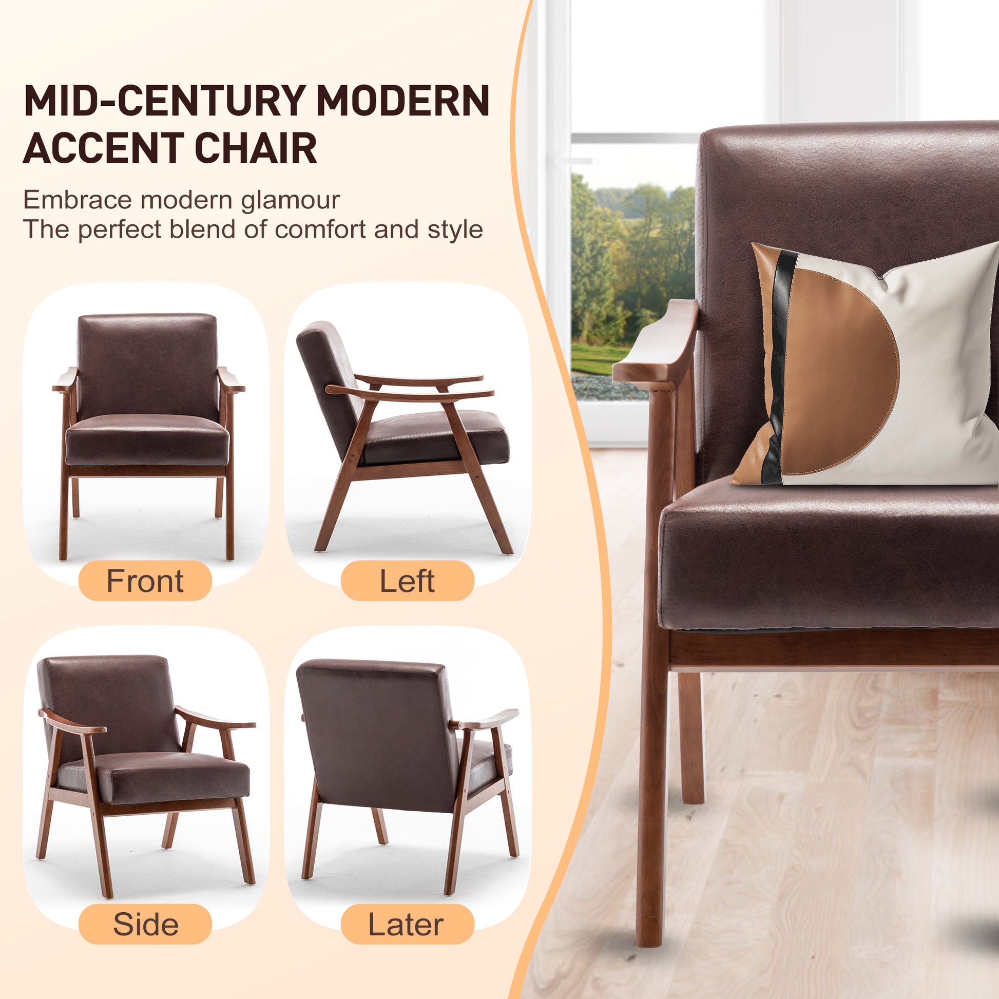 Brown leather midcentury modern accent chair front view