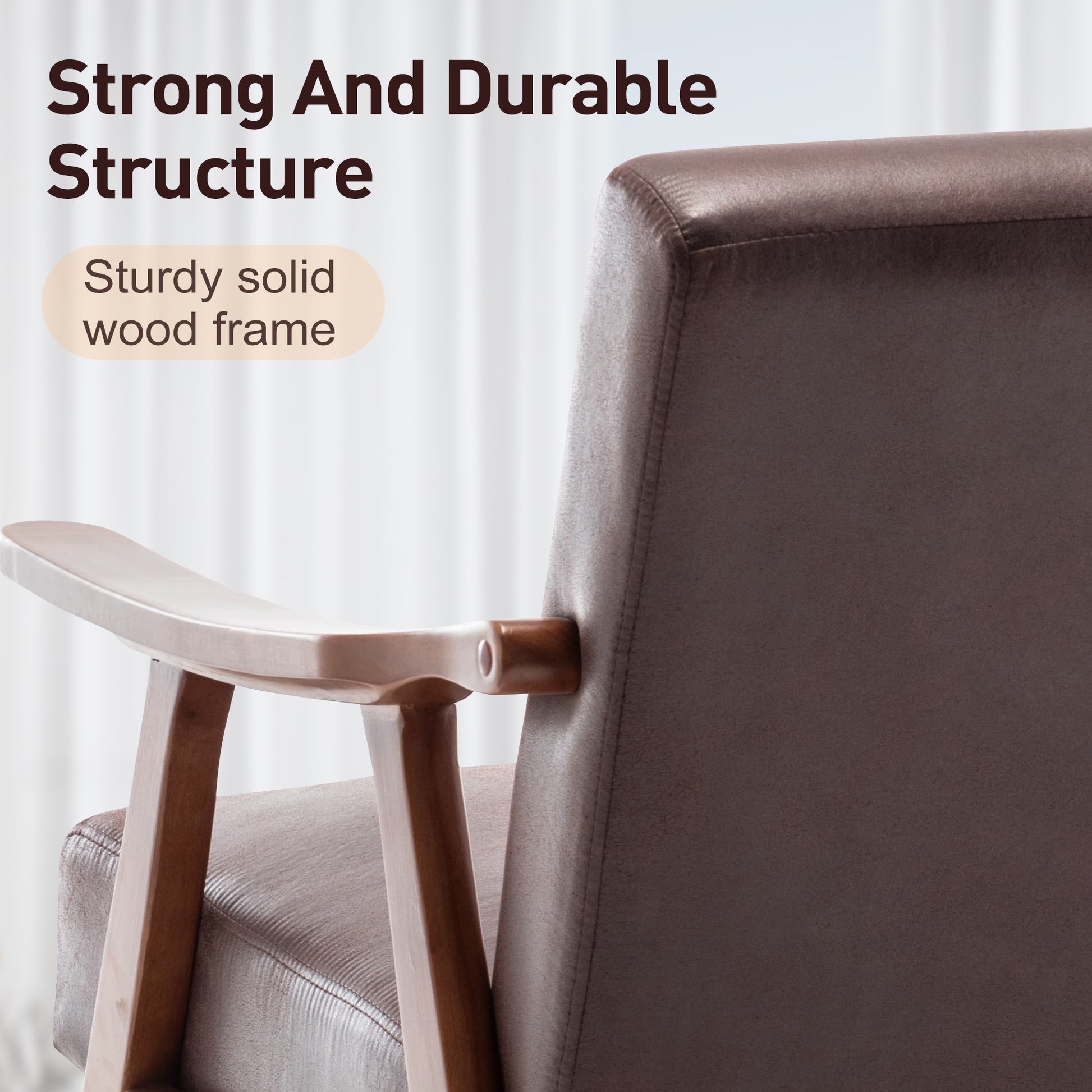 Dark brown faux leather armchair with sturdy solid wood frame