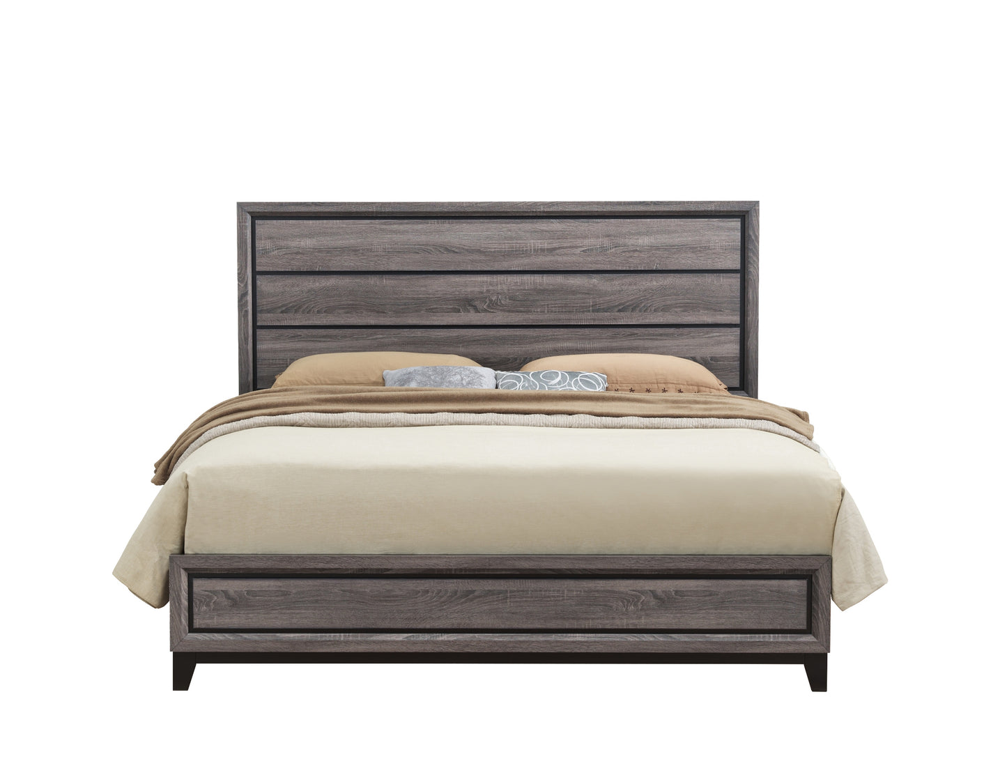 Modern grey wood queen bed frame with horizontal plank headboard and footboard