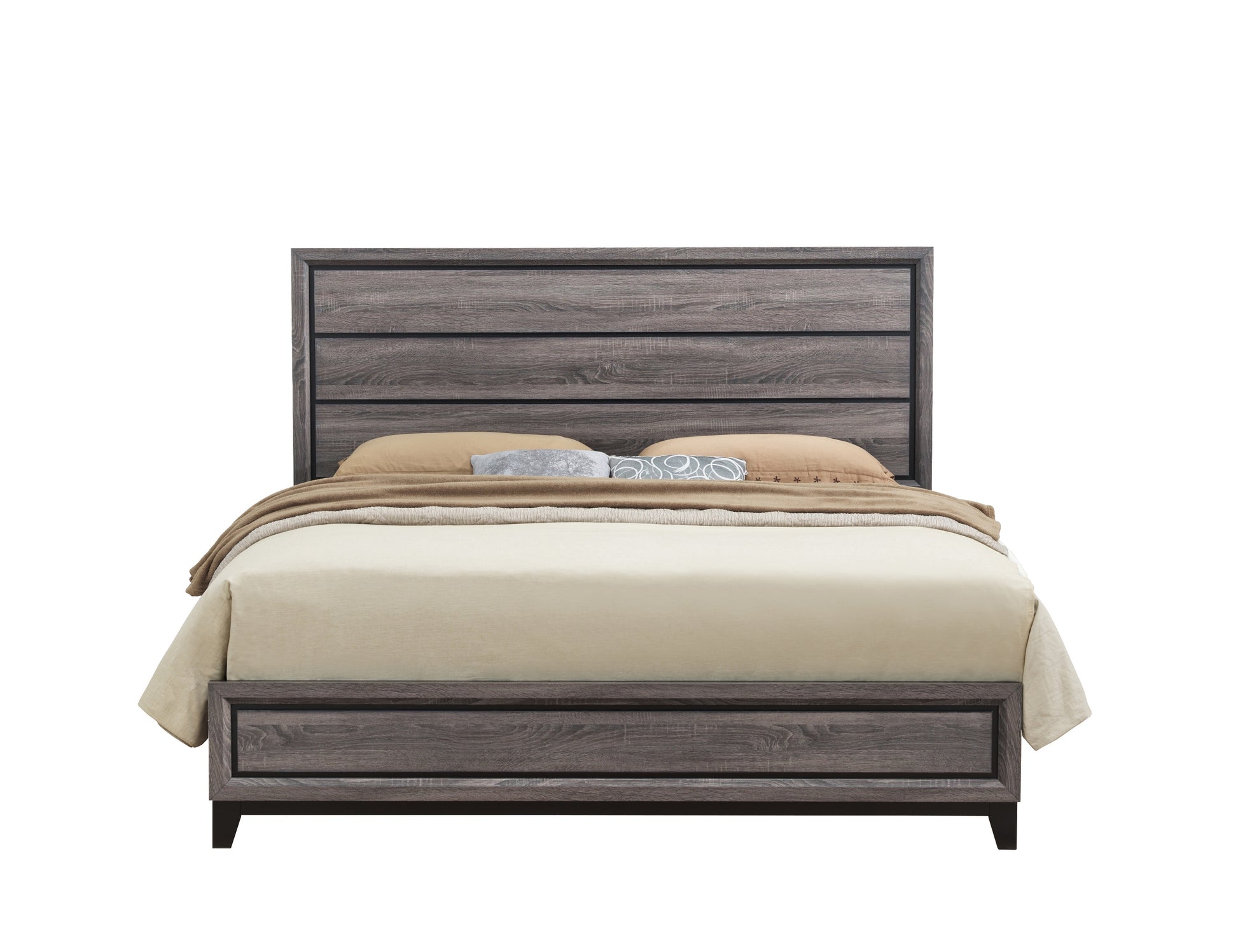 Modern grey wood queen bed frame with horizontal plank headboard and footboard