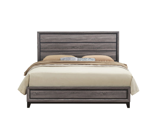 Modern grey wood queen bed frame with horizontal plank headboard and footboard