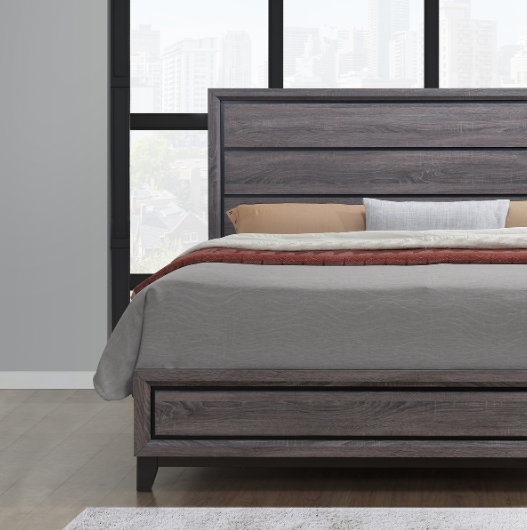 Dark gray wood platform bed frame with horizontal headboard planks