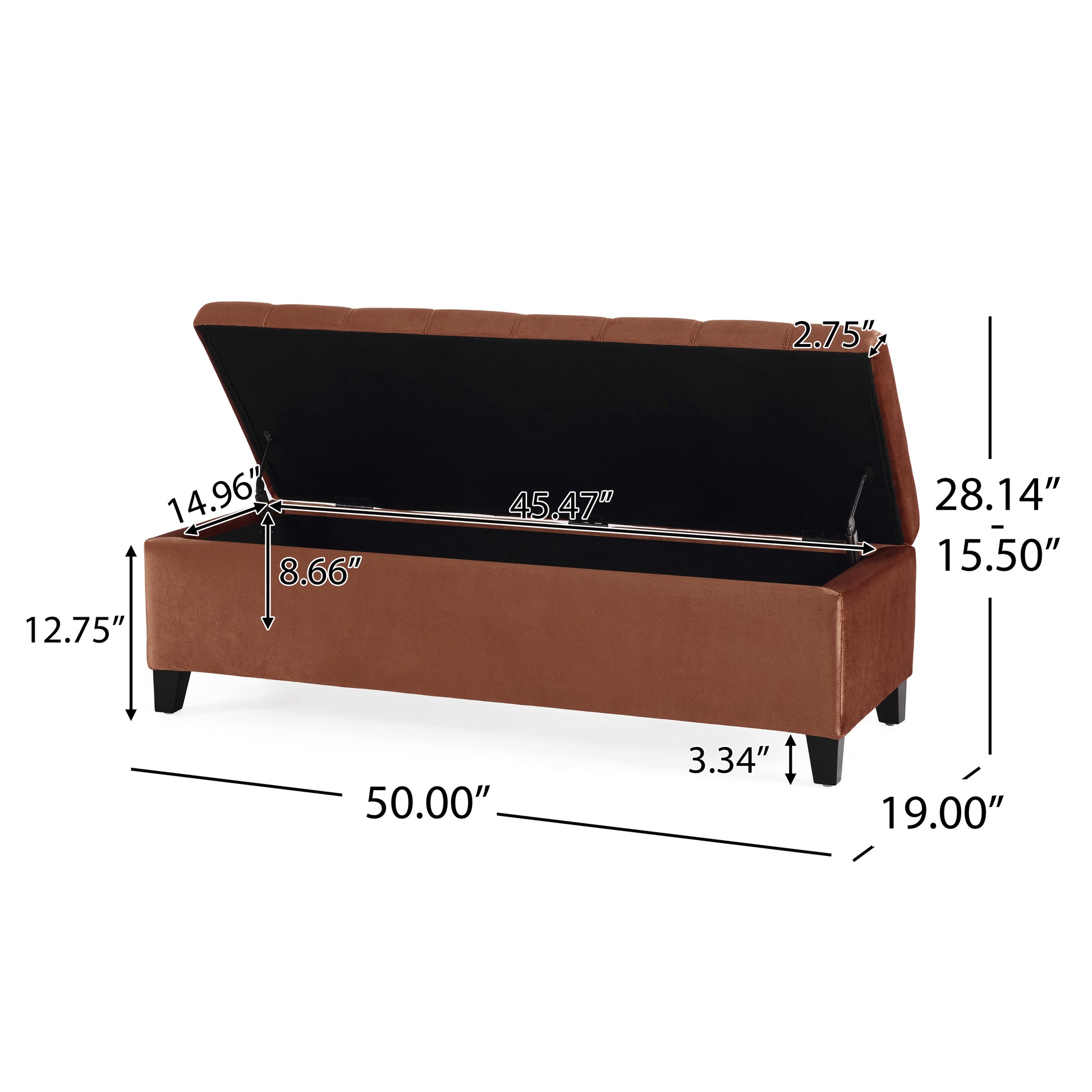 Brown tufted velvet storage ottoman with lid open revealing black interior Ideal for living rooms