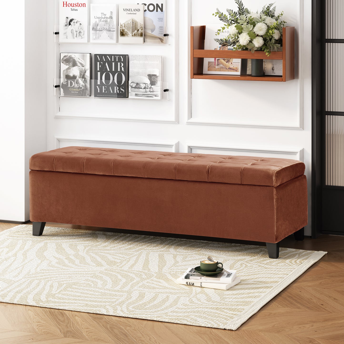 Tufted brown velvet storage ottoman with button accents and dark wood legs