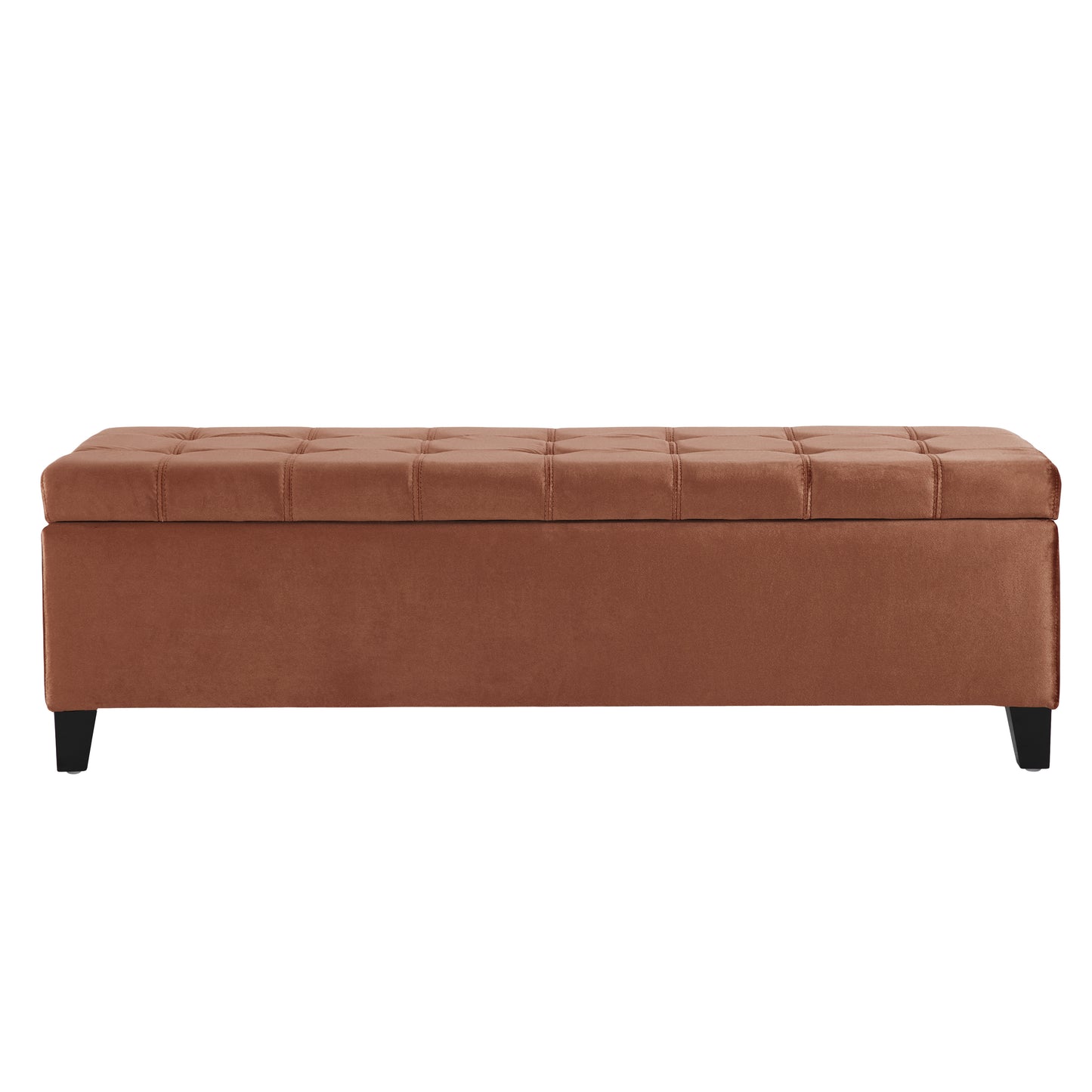 Tufted brown velvet storage ottoman with black wooden legs perfect for entryway seating