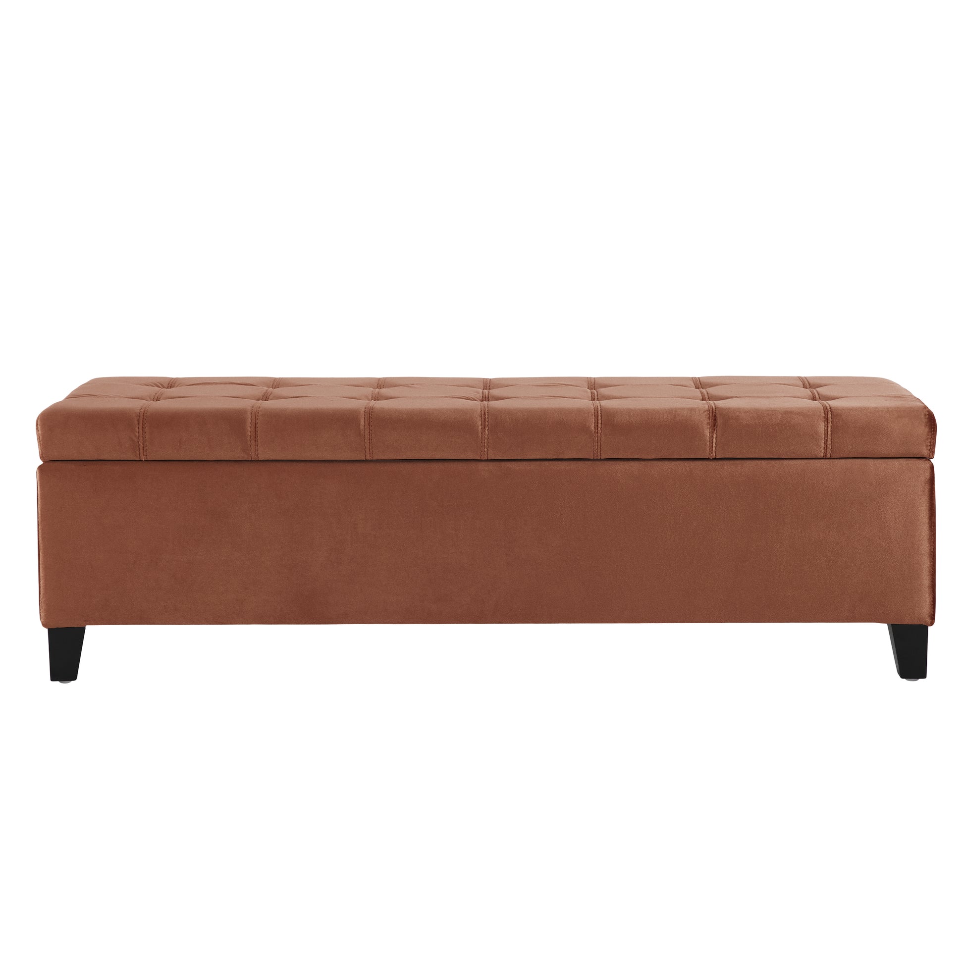 Tufted brown velvet storage ottoman with black wooden legs perfect for entryway seating