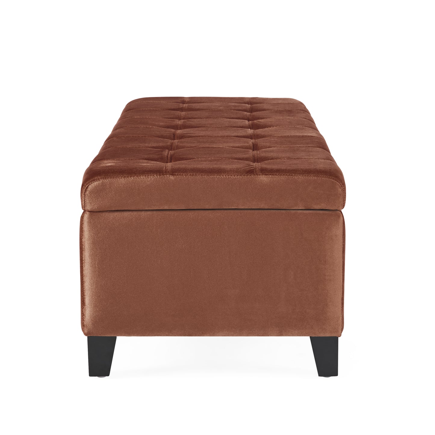 Tufted brown velvet storage ottoman with black tapered legs