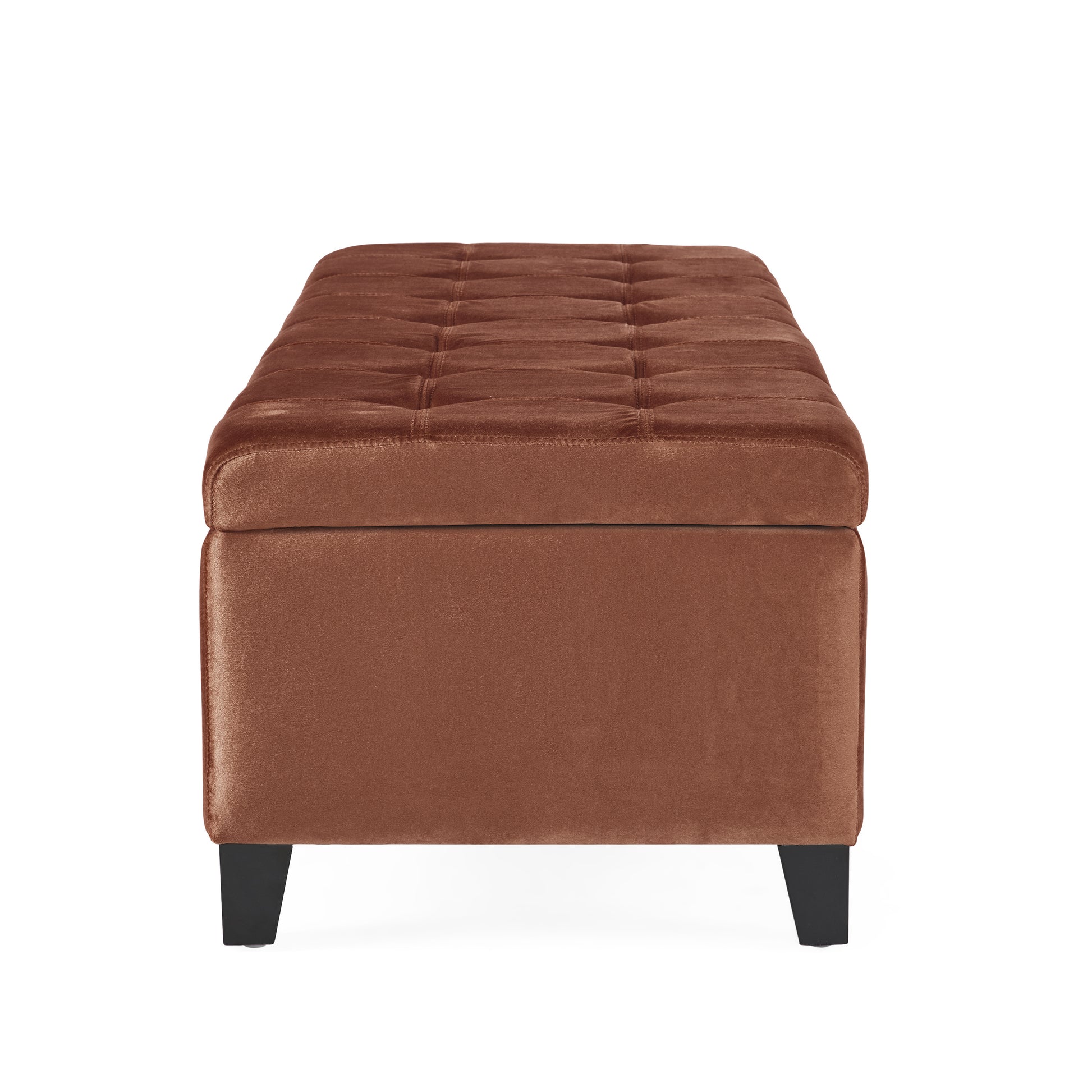 Tufted brown velvet storage ottoman with black tapered legs