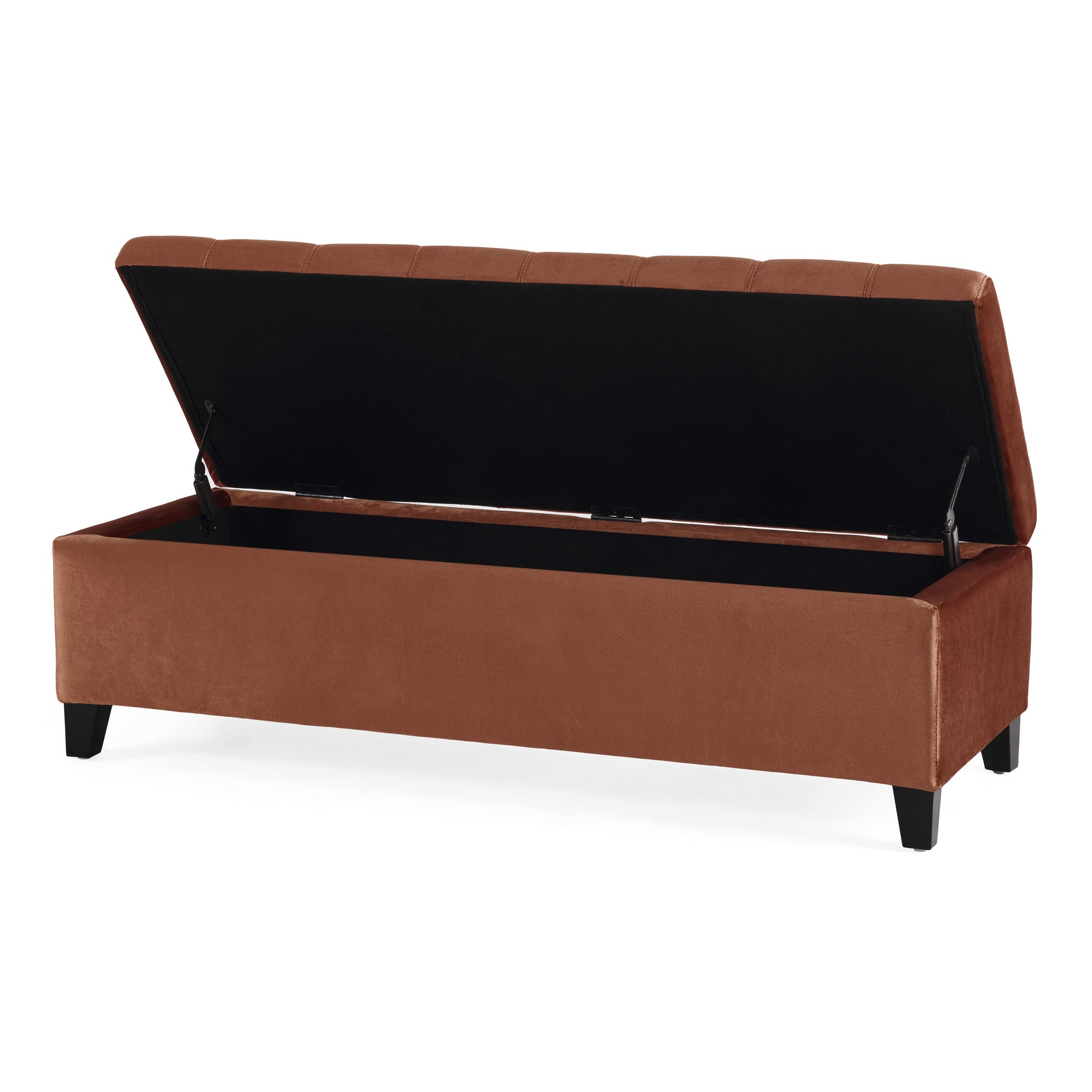 Brown velvet storage ottoman with tufted lid and black legs