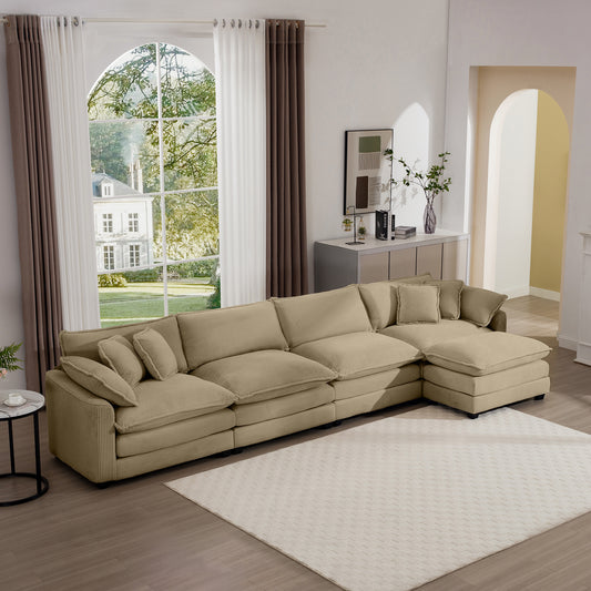 Plush beige sectional sofa with corduroy texture and multiple throw pillows ideal for modern living rooms