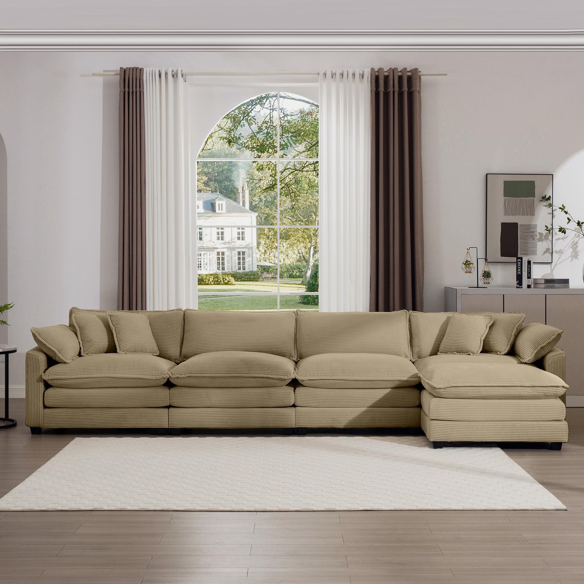 Beige corduroy sectional sofa with plush pillows modern living room furniture