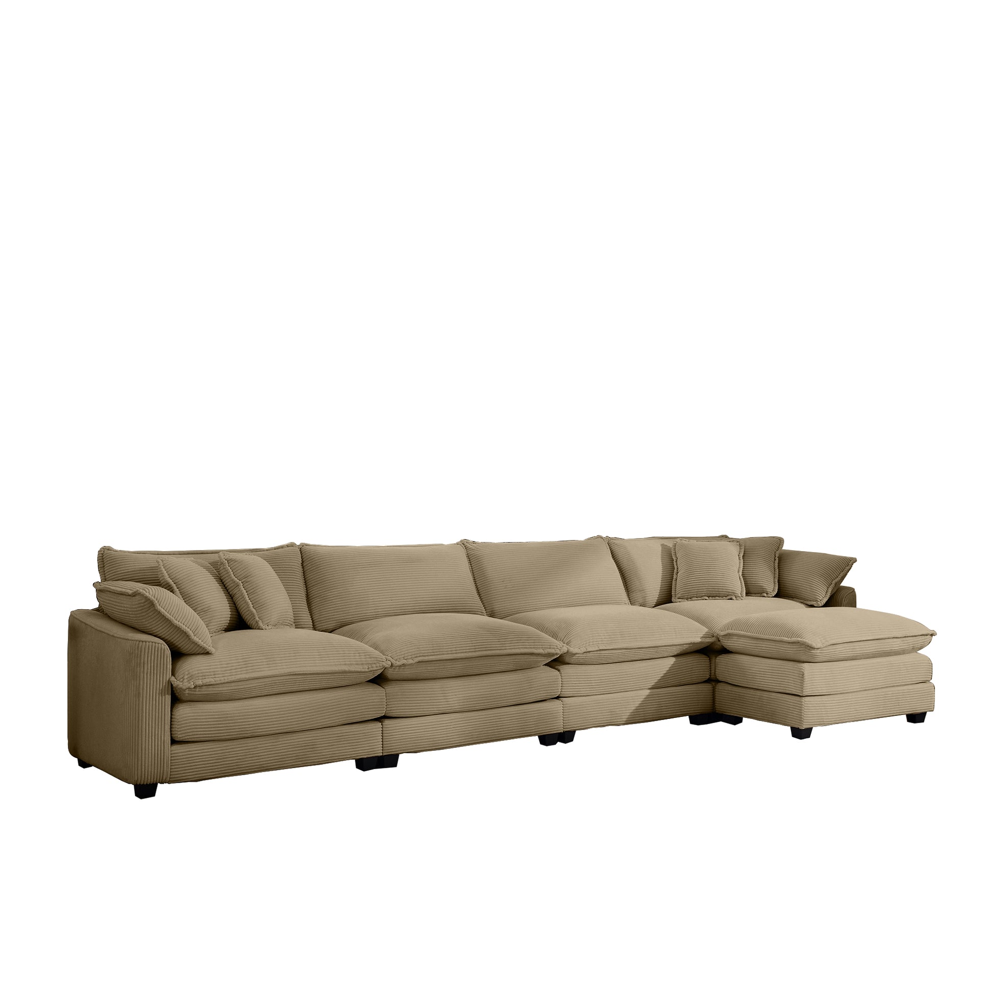 Beige corduroy sectional sofa with plush cushions and a chaise lounge for ultimate comfort