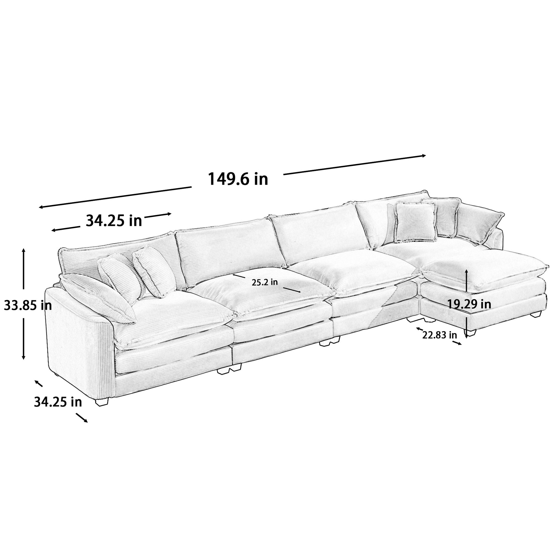 Sketch of a large sectional sofa in neutral tone fabric with chaise lounge  inch length