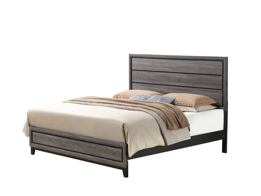 Gray oak veneer modern queen bed frame with horizontal headboard slats