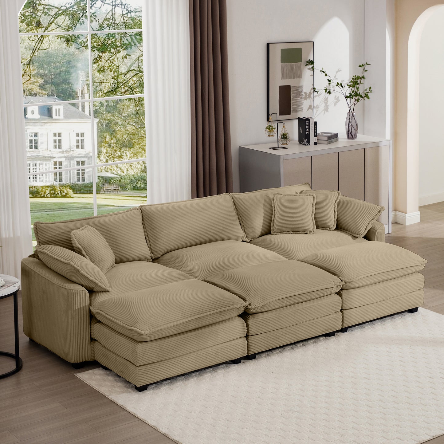Plush corduroy sectional sofa in a warm beige perfect for a cozy living room setup