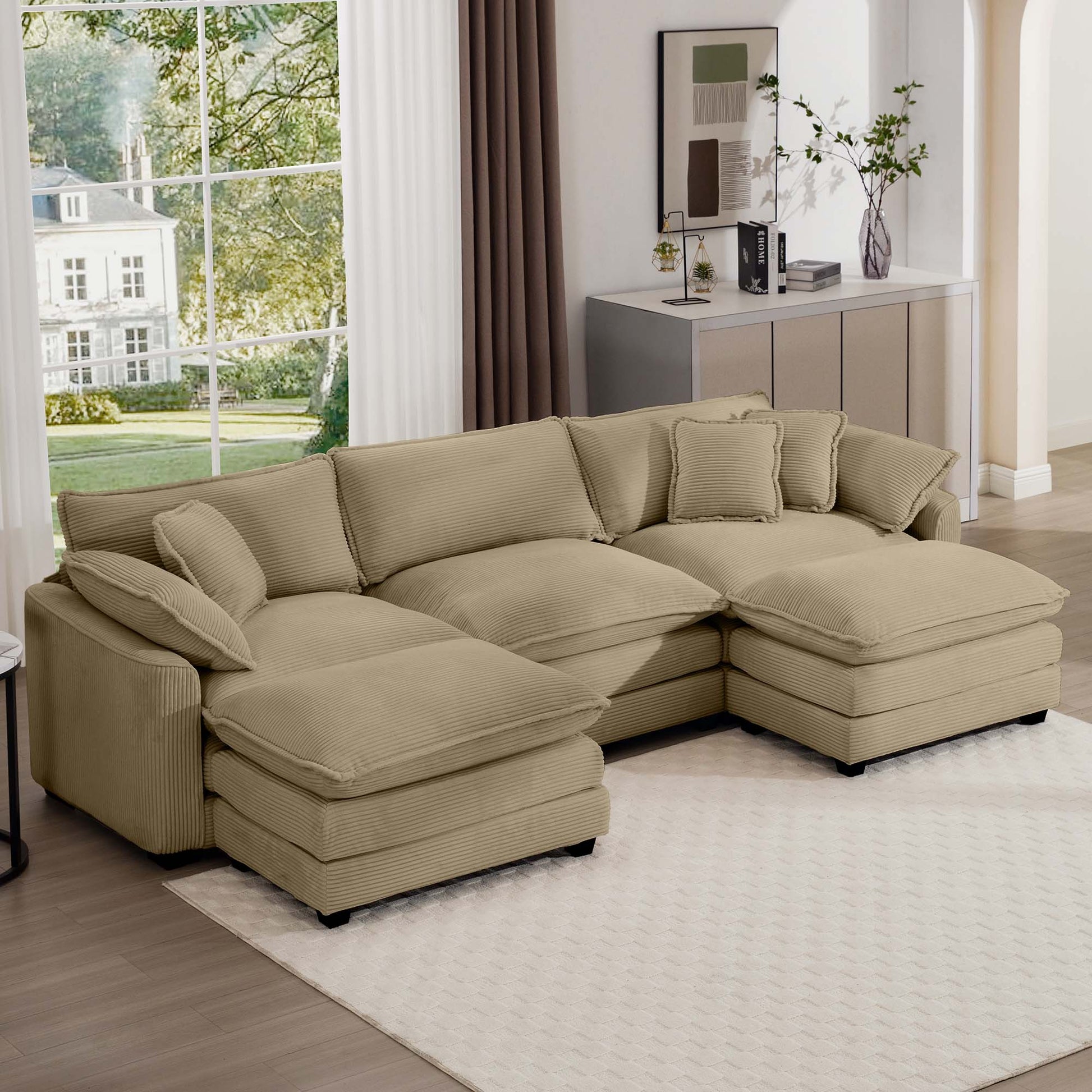 Khaki corduroy sectional sofa with plush cushions offering a cozy seating arrangement