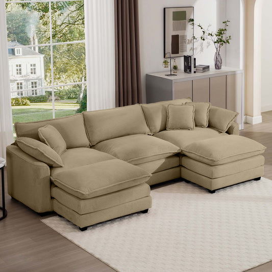 Khaki corduroy sectional sofa with plush cushions offering a cozy seating arrangement