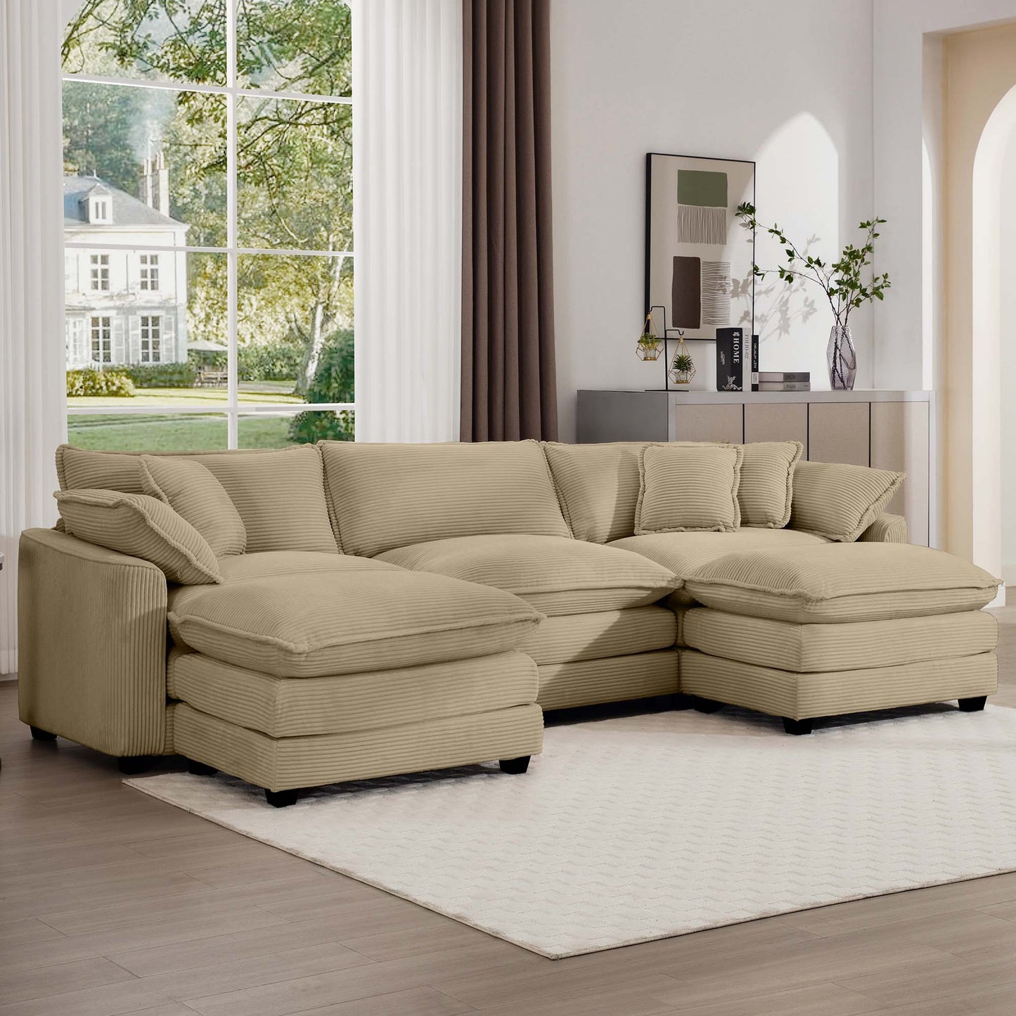 Beige corduroy sectional sofa with plush cushions and a Ushaped chaise for ultimate relaxation