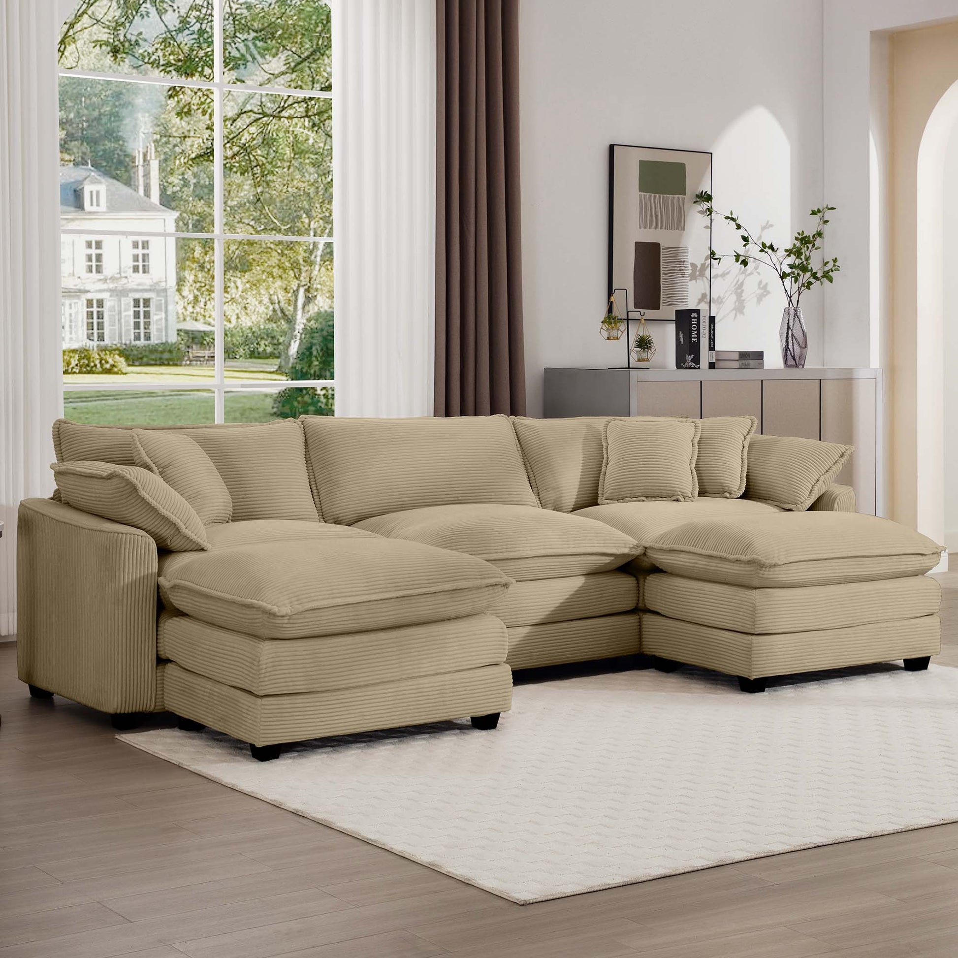 Beige corduroy sectional sofa with plush cushions and a Ushaped chaise for ultimate relaxation