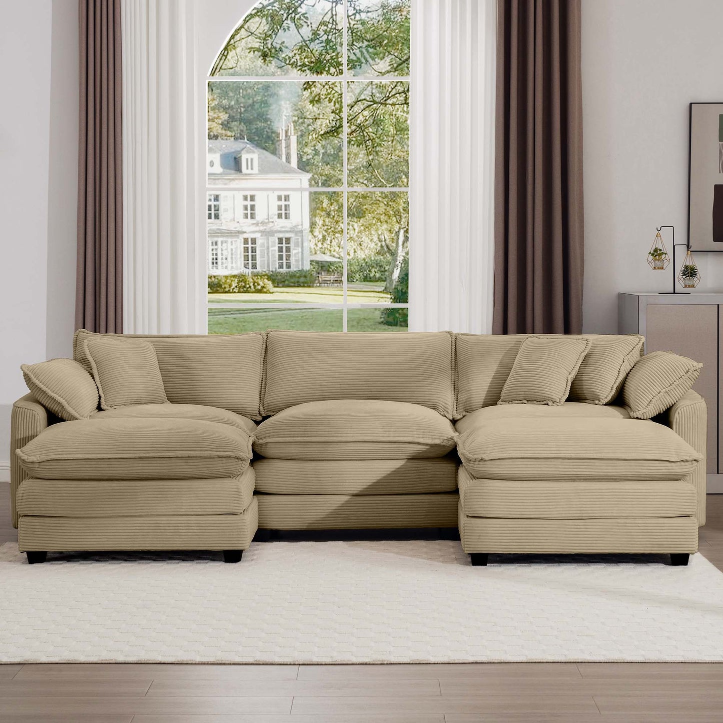 Beige corduroy sectional sofa with plush cushions perfect for a cozy living room setup