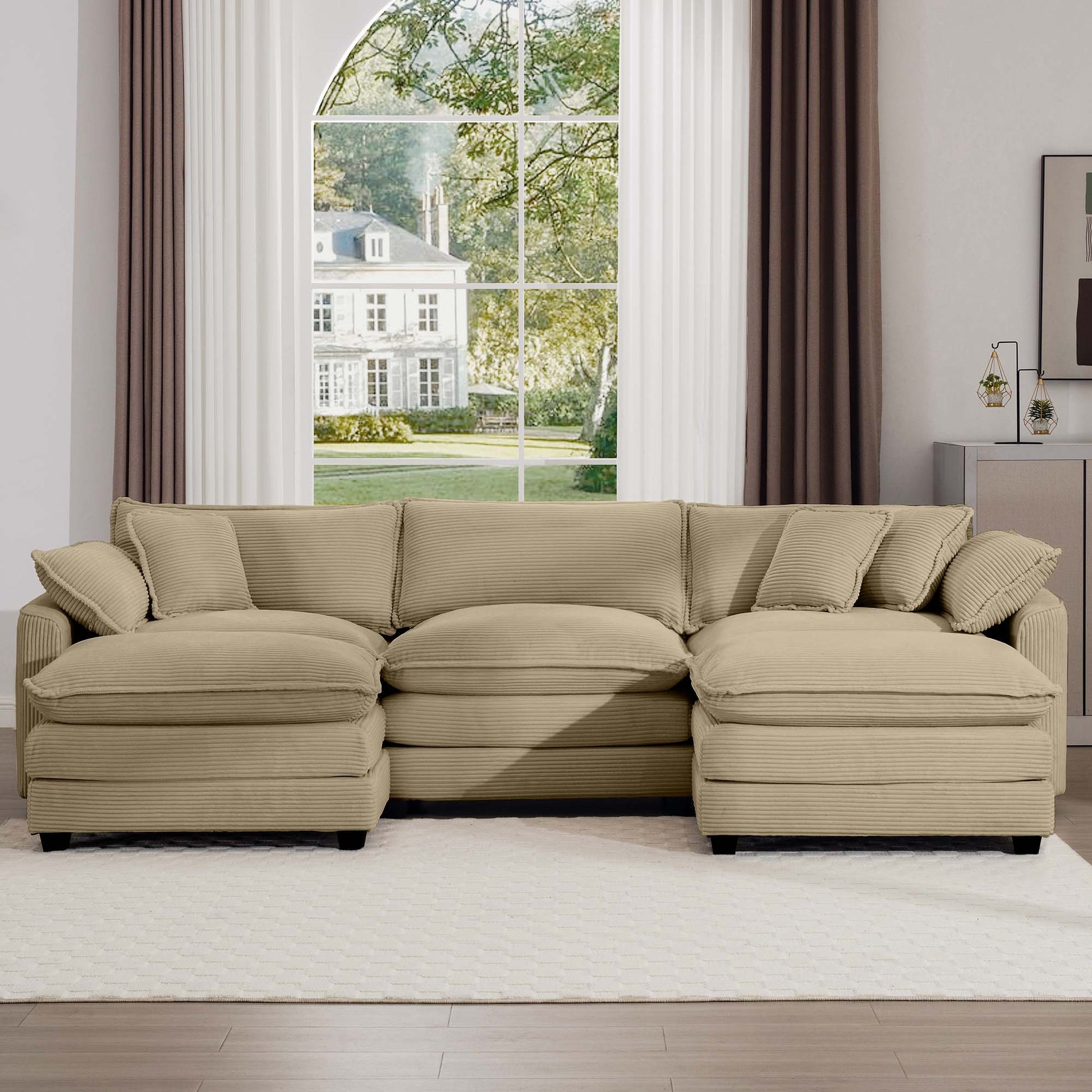 Beige corduroy sectional sofa with plush cushions perfect for a cozy living room setup