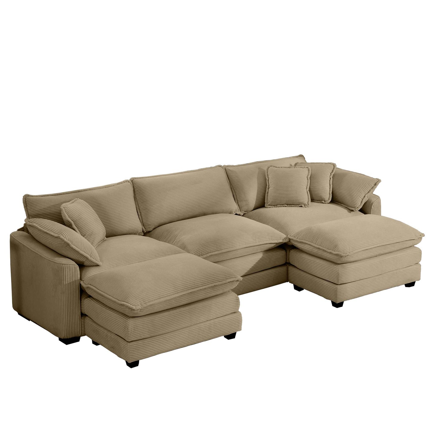 Large beige corduroy sectional sofa with multiple plush cushions and chaises for a cozy living room setup