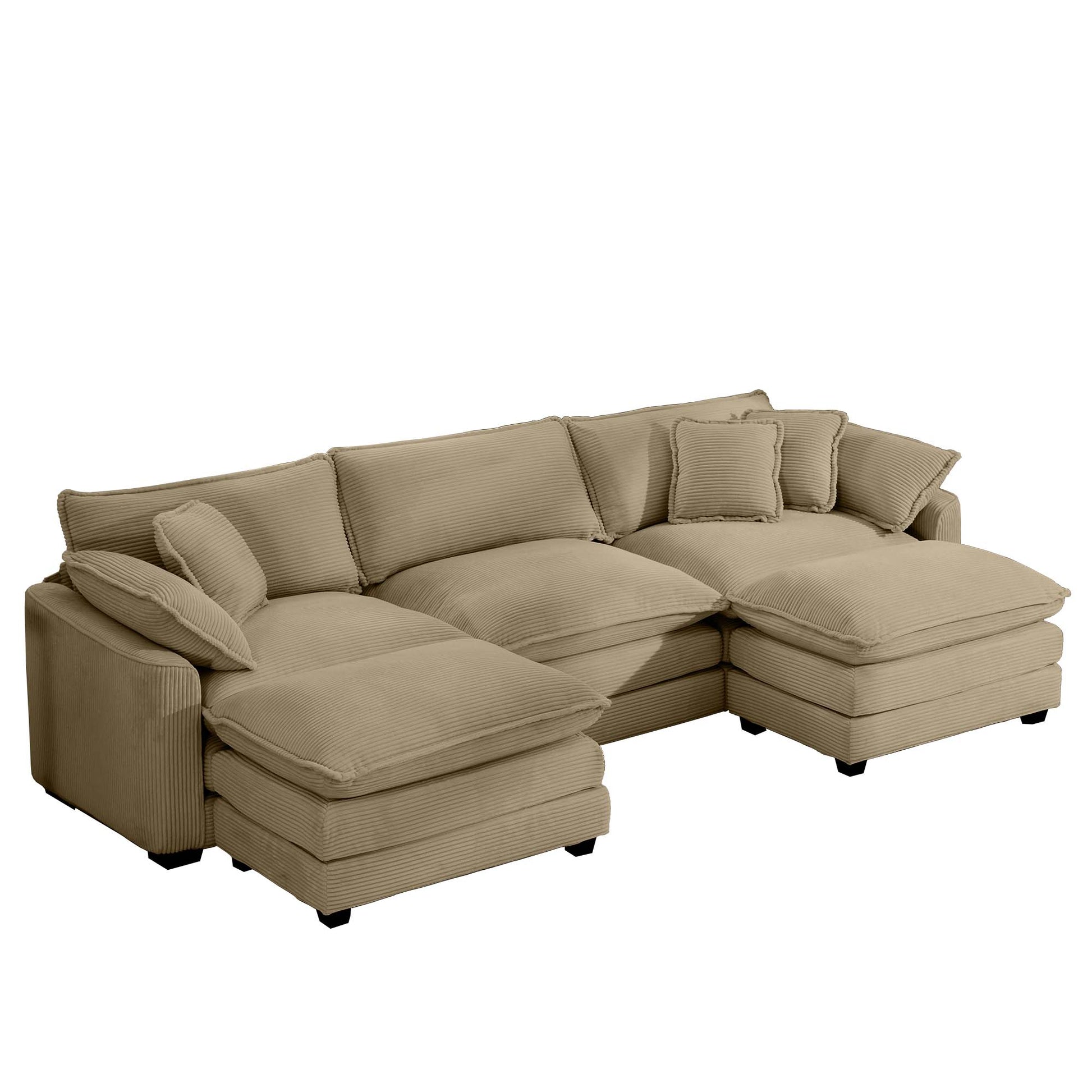 Large beige corduroy sectional sofa with multiple plush cushions and chaises for a cozy living room setup