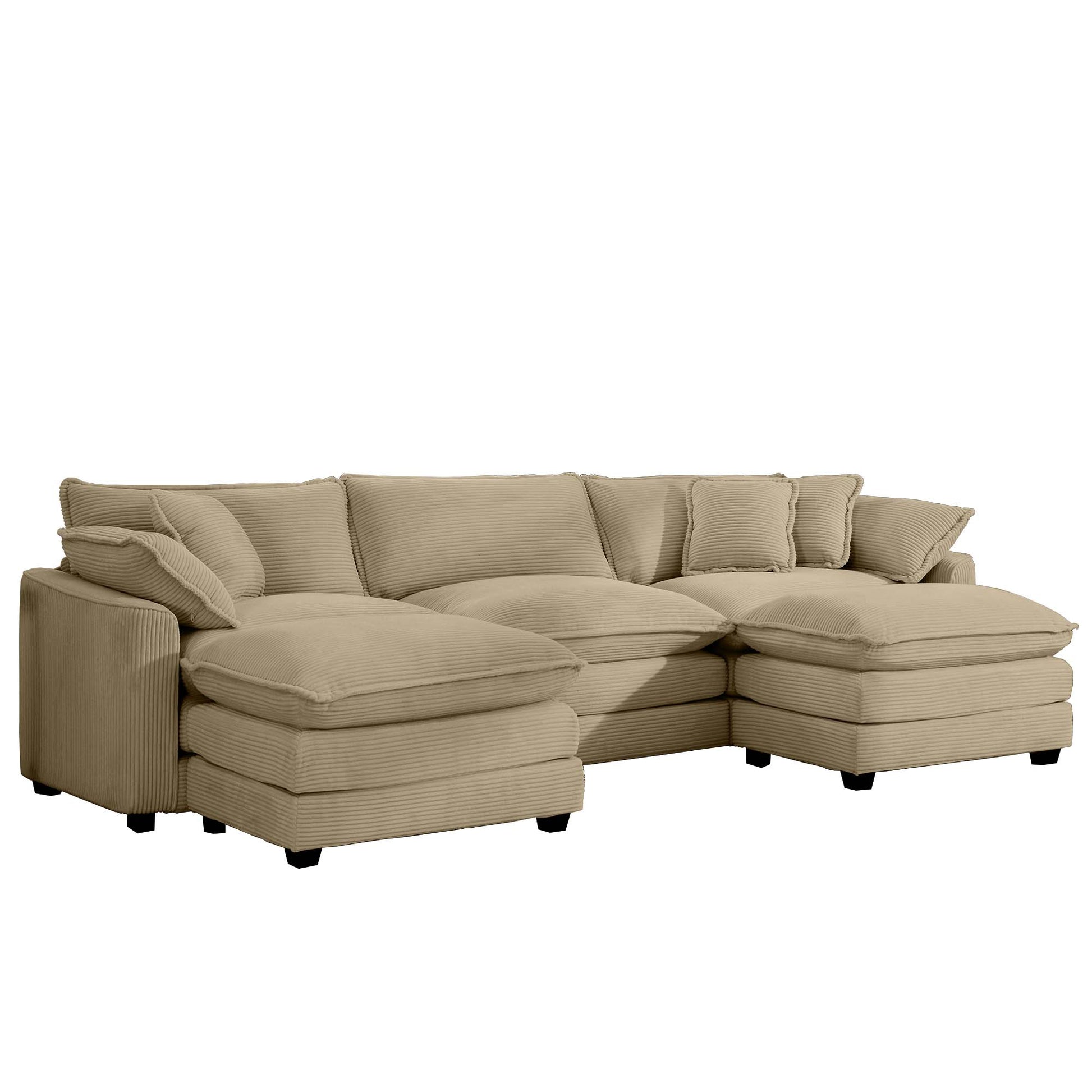 Large beige corduroy sectional sofa with plush cushions and chaise loungers