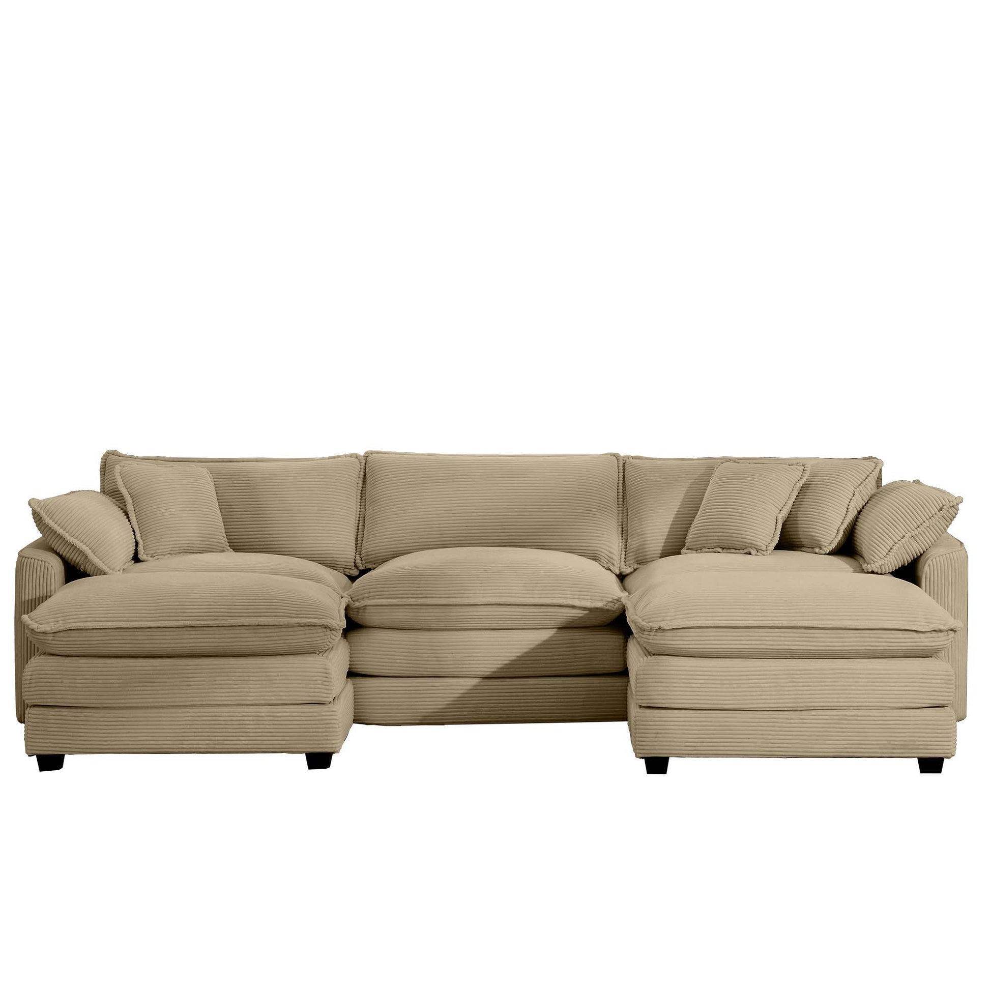 Cozy beige corduroy sectional sofa with plush throw pillows perfect for a modern living room