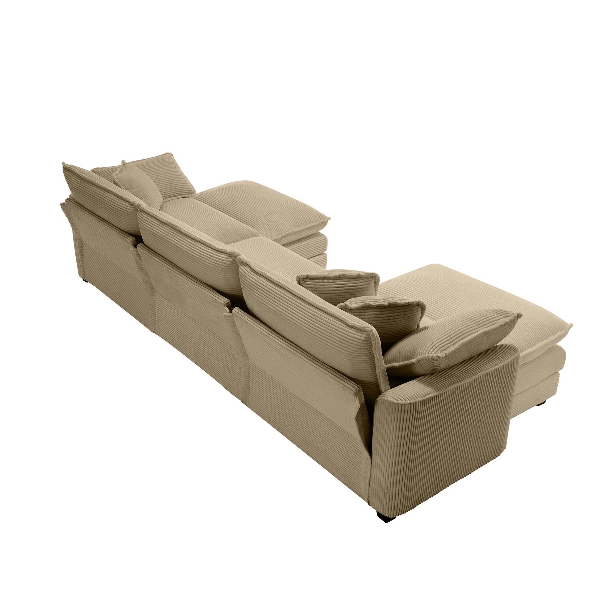 Beige corduroy sectional sofa with plush throw pillows offering comfortable modern living room seating