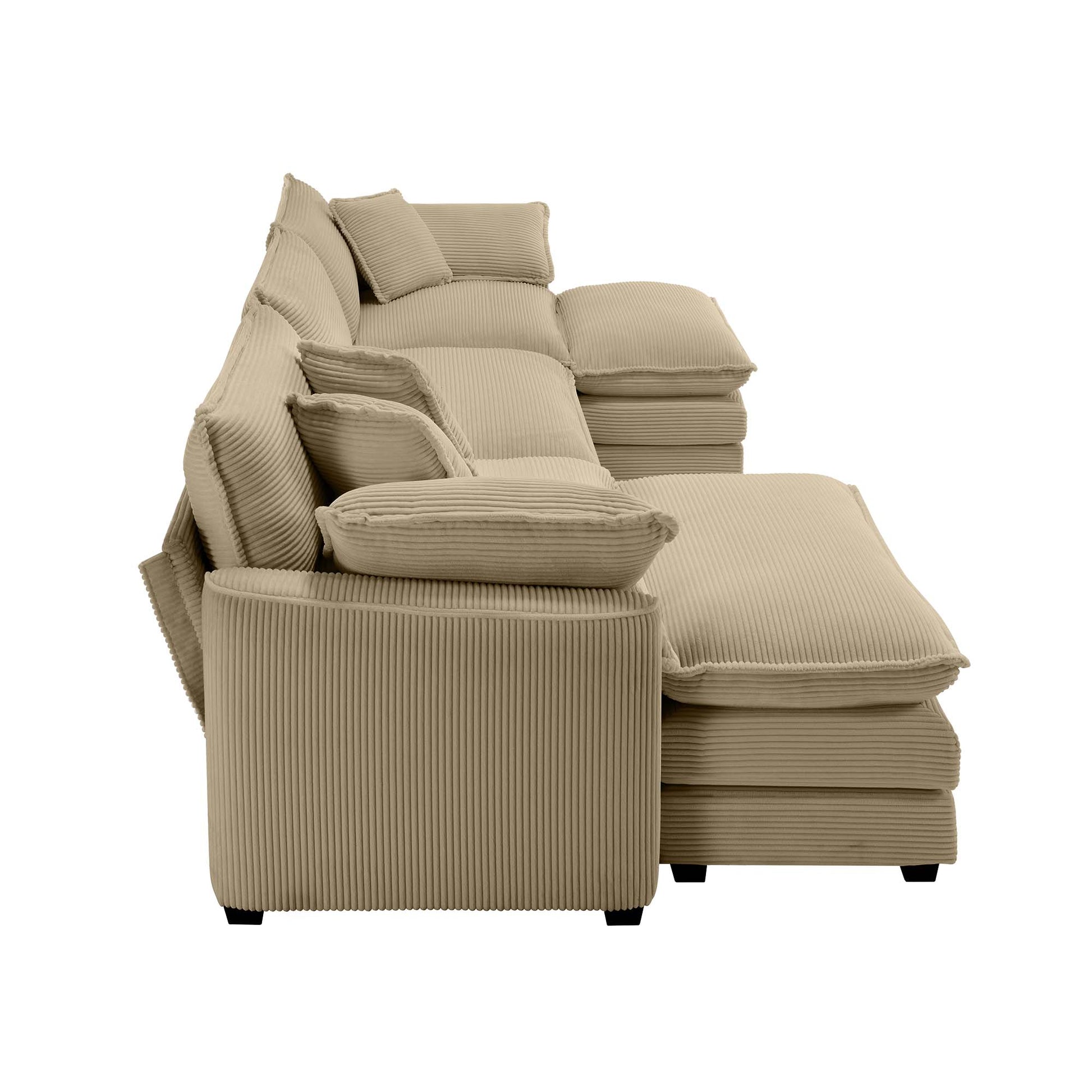 Beige corduroy sectional sofa with plush cushions for a cozy living room