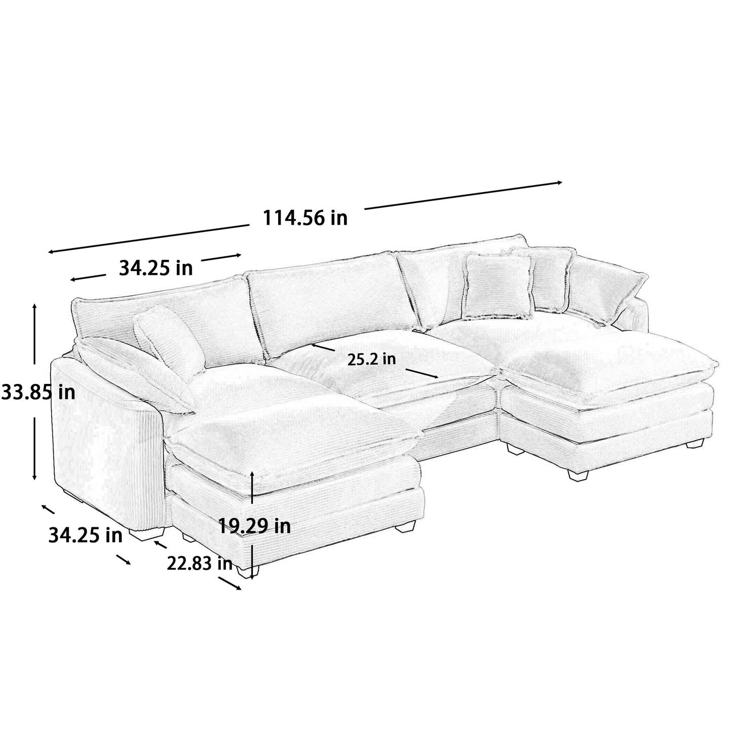 Sectional sofa with chaise lounge plush cushions and detailed dimensions for seating comfort