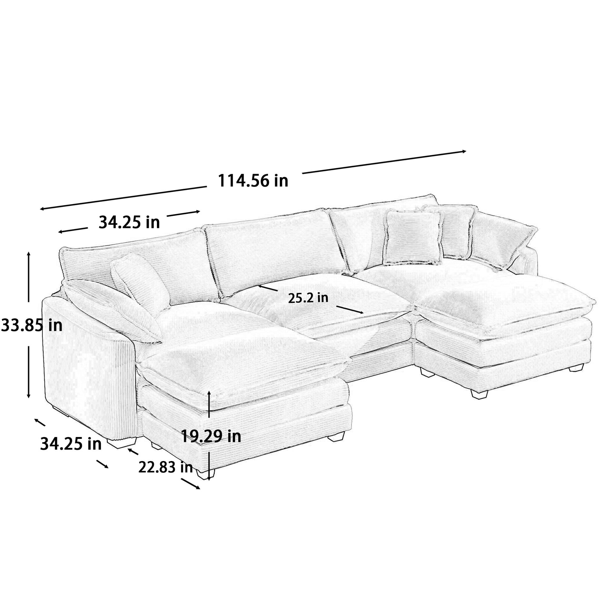 Sectional sofa with chaise lounge plush cushions and detailed dimensions for seating comfort