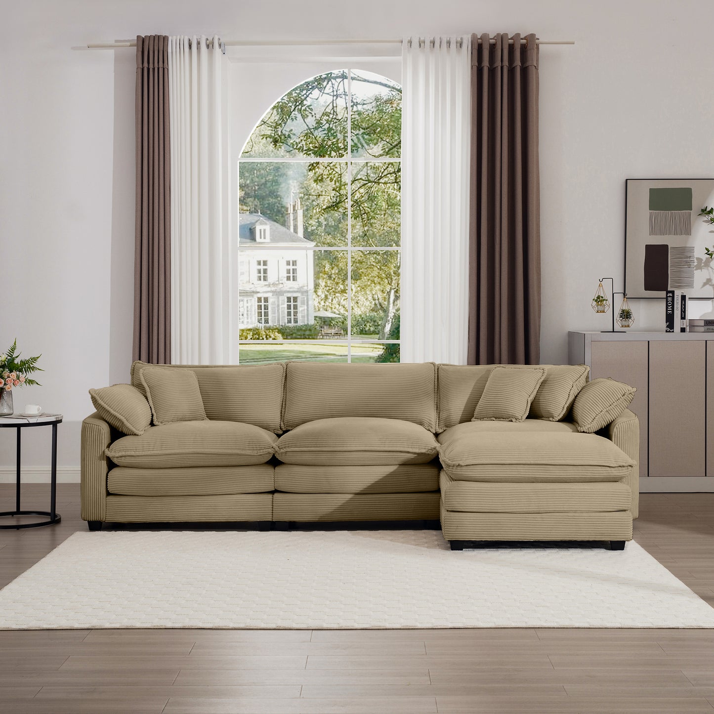 Tan corduroy sectional sofa with plush cushions perfect for a modern living room