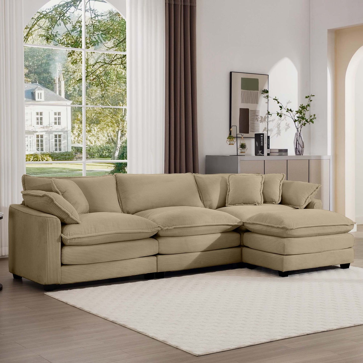 Beige corduroy sectional sofa with plush cushions and matching throw pillows ideal for living rooms